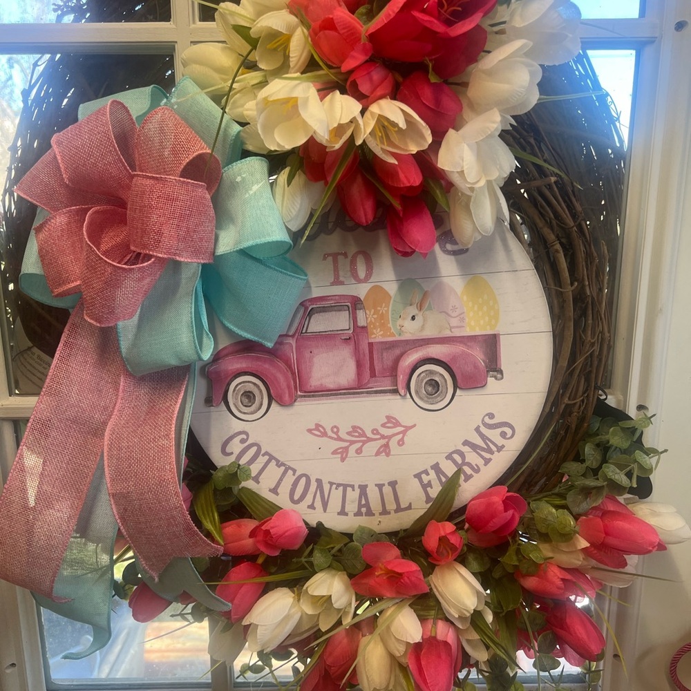 Spring Wreath with Pink and White Tulips